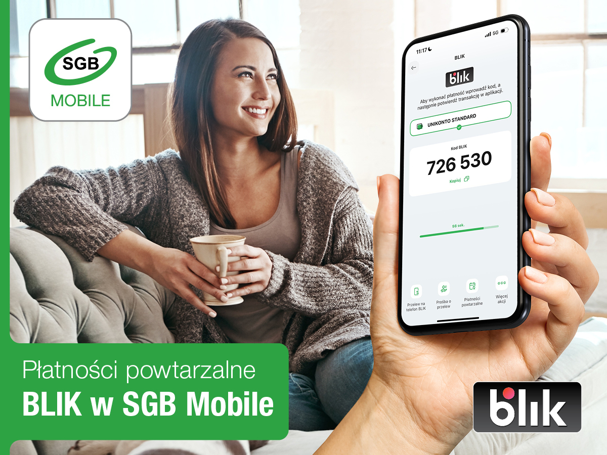 Blik płatności powtarzalne,kobieta na kanapie, telefon z aplikacją